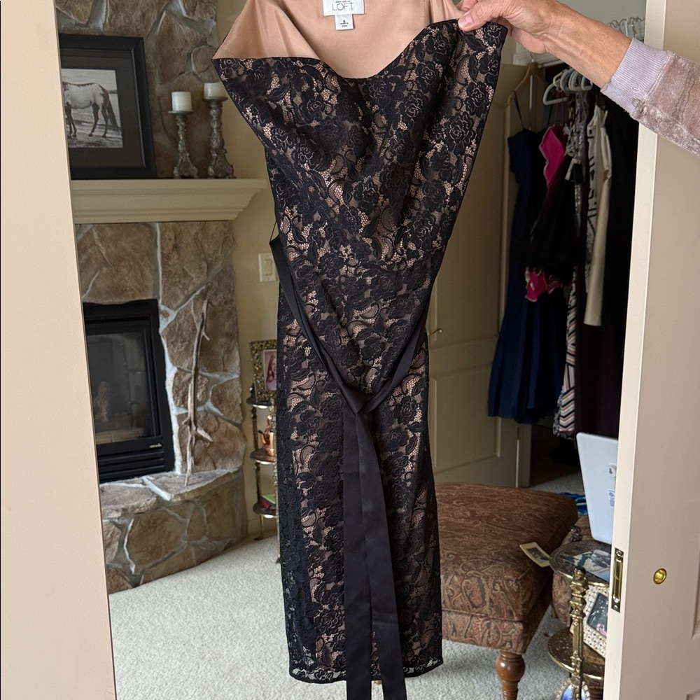 LOFT Black and Tan Strapless Lace Dress